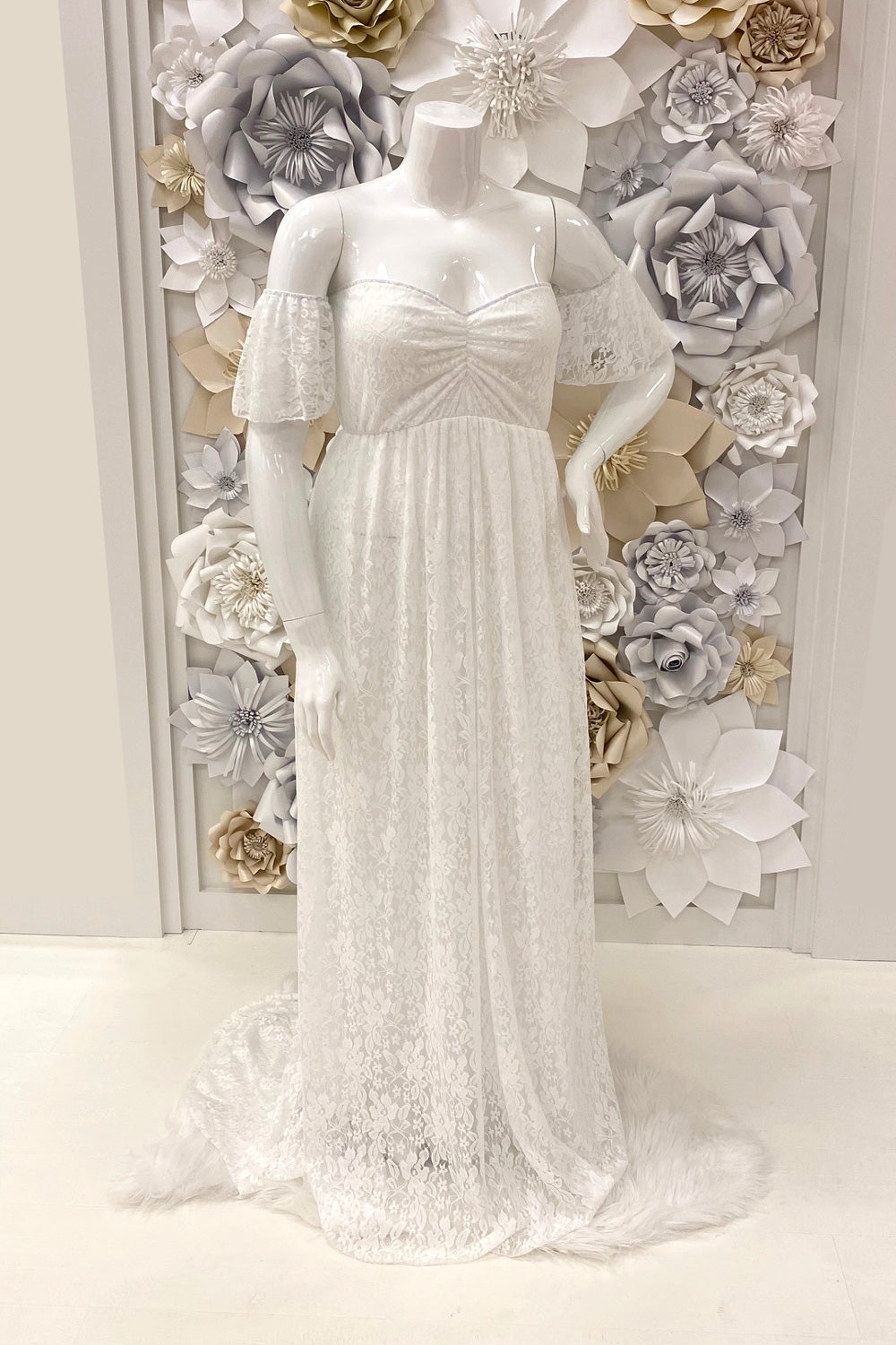 Maternity white lace off shoulder dress best sale