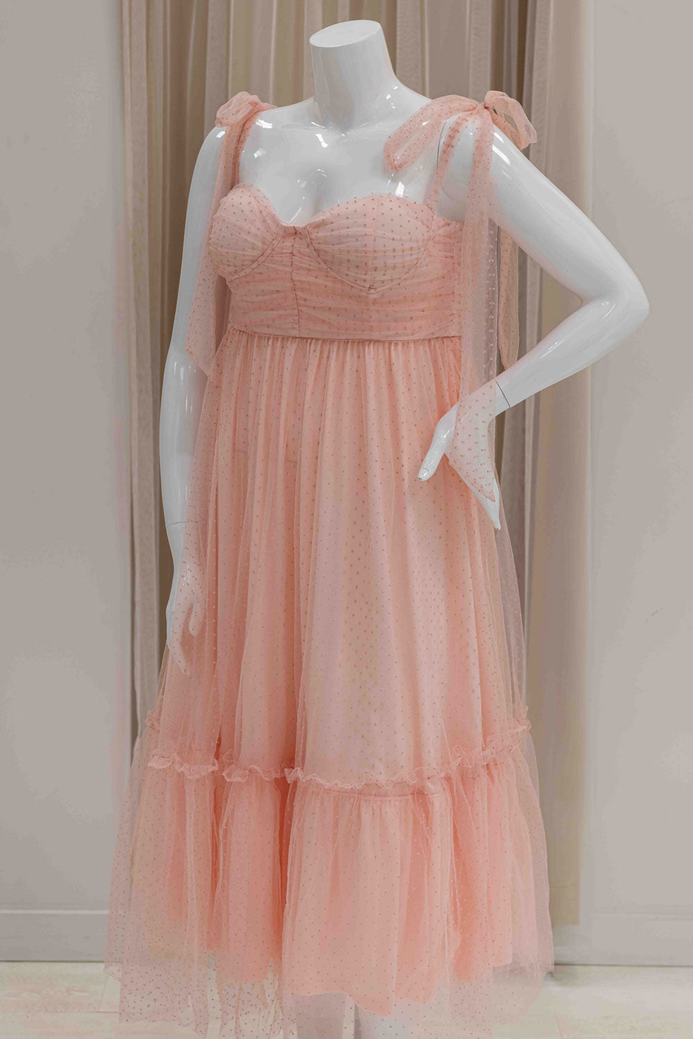 Tie Straps Tulle Midi Dress in Pink