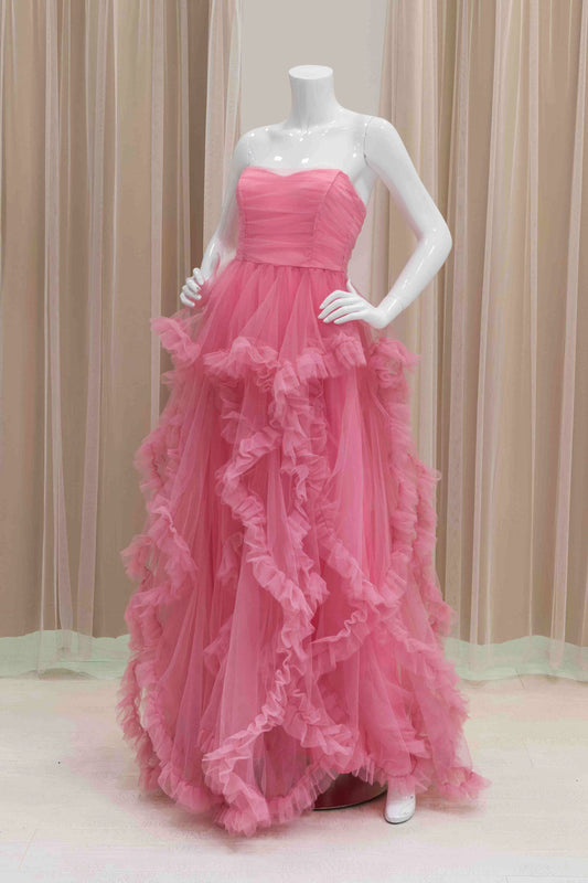 Tulle Ruffle Skirt Strapless Ball Gown in Pink