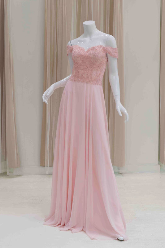 Delicate Blush Pink Off Shoulder Evening Gown