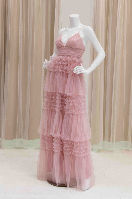 Organza Layered Ruffle Skirt Ball Gown in Pink