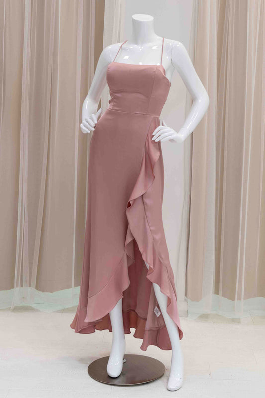 Satin High-Low Tie Back Wedding Guest Dress in Pink