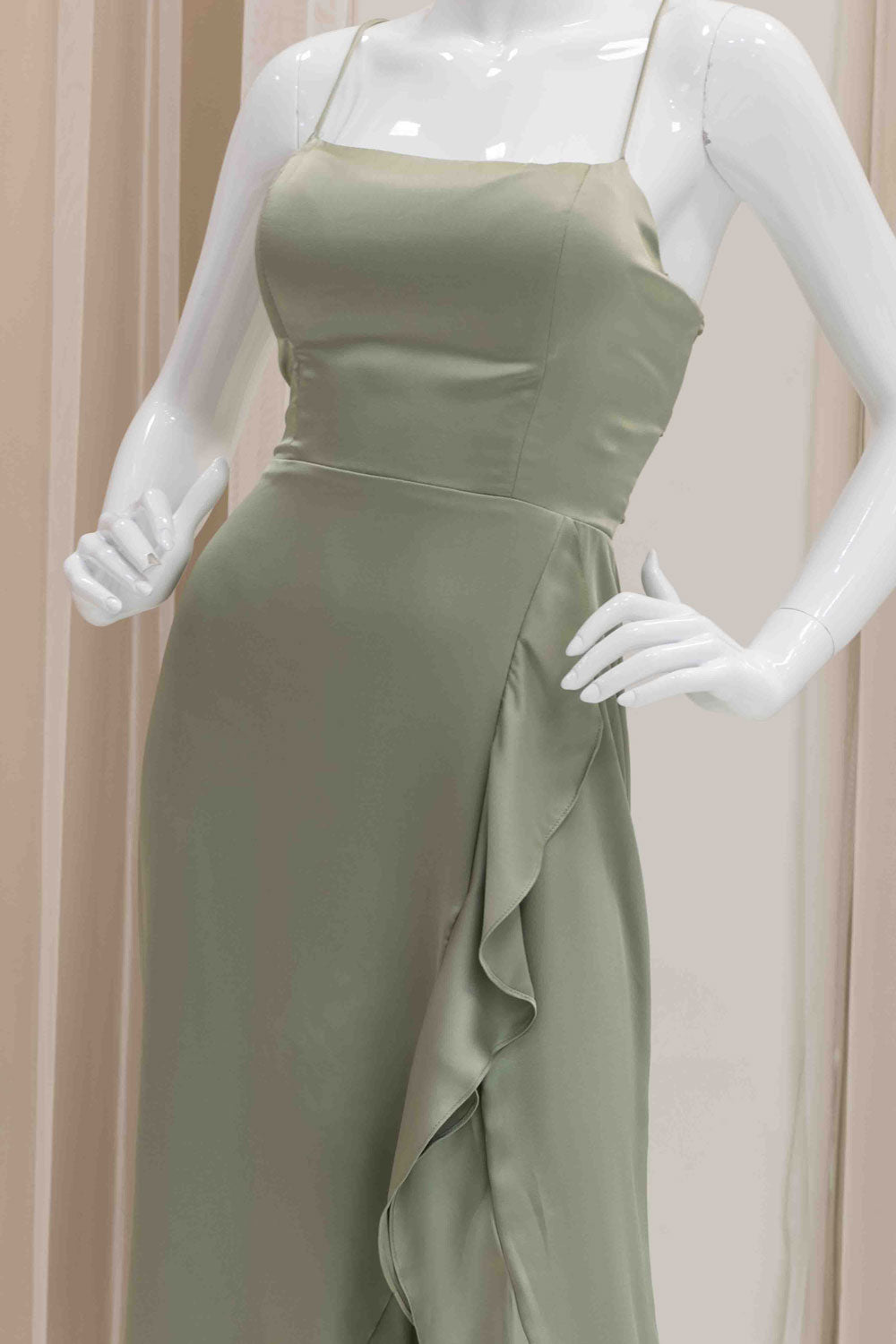 Satin High-Low Tie Back Bridesmaids Dress in Sage Green