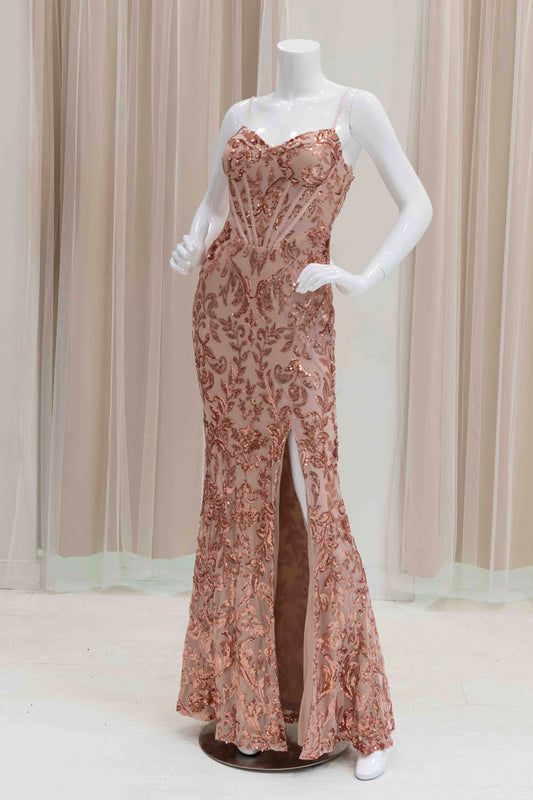 Elegant Stretch Sequin Evening Gown in Rose Gold