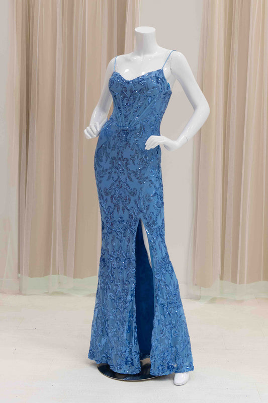 Stretch Sequin Evening Gown in Blue