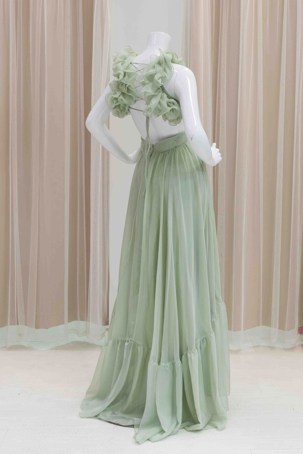 Organza Ruffled Tiered Dress in Sage Green