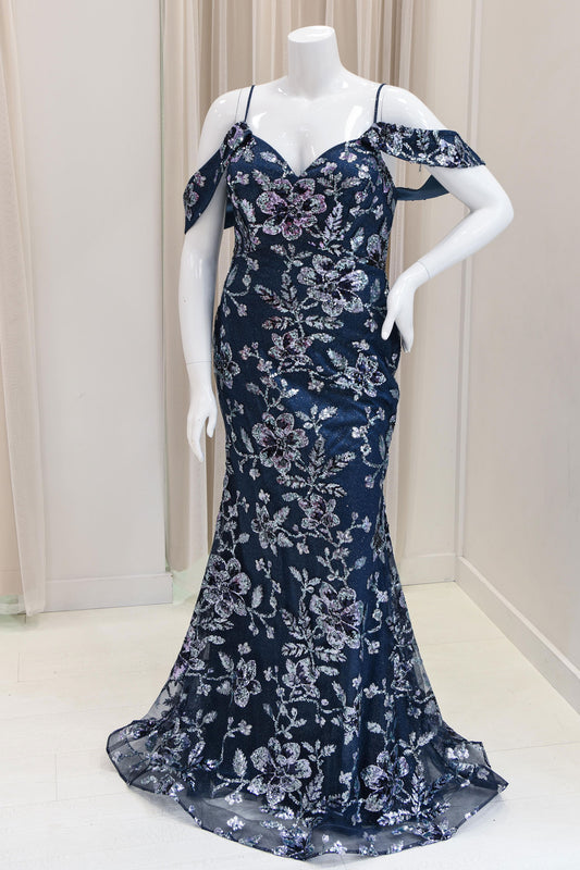 Dominique Sequin Evening Gown in Navy Blue